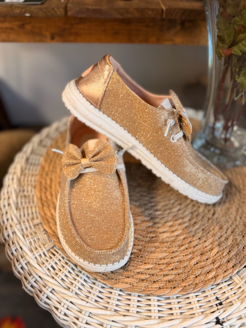 Hey Dude Wendy Rose Gold Glitter Slip-On with Bow Detail